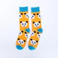 Cute orange panda print mid-calf casual cotton socks with blue contrast heels and toes. - One Size / Orange