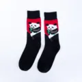 Black and red cotton mid-calf socks with cute panda and bamboo design, comfortable casual wear. - One Size / Black and Red