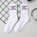 White couple crew socks with embroidered love heart and letter graphic, comfortable cotton. - White G