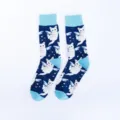 Blue crew socks featuring cute angel cat and star patterns with light blue heels. - One Size / Dark Blue