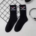 Black mid-calf cotton socks featuring embroidered I love my girlfriend letter pattern for couples. - Black G