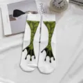 Cute green frog webbed foot print white crew socks, creative funny autumn winter cotton socks. - One Size / White