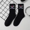 Black couple mid-calf socks with I love my boyfriend embroidered letters and heart pattern. - Black B