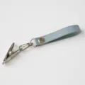 Baby stroller shoe clip leather strap holder in light blue, secure metal duckbill fastener. - Blue