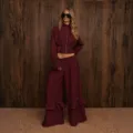 Burgundy stand collar zip crop top and ruffle wide leg pants casual two piece set for women - Burgundy