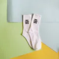 White cotton crew socks with stylish letter embroidery, comfortable casual wear for daily fashion. - One Size / FIRST CLASS BITCH / White