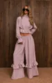 Mauve stand collar zip crop top and ruffled wide leg pants casual two-piece set variant. - Lotus Pink