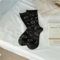 Dark grey cute cat pattern mid-calf cotton socks variant, Japanese style daily wear. - One Size / Black