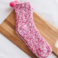 Women cute fluffy fuzzy coral fleece winter warm sleep socks with sweet pom pom pink purple - Pink Purple Mix