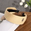 Bandeau large tricoté de couleur unie cerceau de cheveux tissé en paille décontracté pour femmes - Jaune