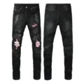 Men's black distressed slim fit jeans featuring pink ribbed patch details for casual streetwear style. - 28 / Bottoms / Black