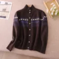 Vintage Fair Isle cardigan sweater brown knit button up retro style long sleeve top - One Size / Tops / Brown