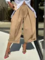 Casual solid color high-waisted pleated wide-leg cropped pants for women comfortable wear. - S / Bottoms / Khaki