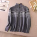 Grey button-down cardigan sweater detail, featuring cozy Fair Isle heart knit pattern. - One Size / Tops / Gray
