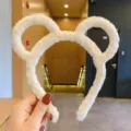 White plush mouse ear headband cute fuzzy hair hoop for daily face washing and skincare. - 20# Off-White Round Cat Ears Headband
