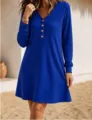 Blue ribbed long sleeve V-neck button casual knit dress for women autumn fashion - S / Dresses / Blue