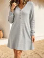 Comfortable solid ribbed long sleeve V-neck button knit dress for casual daily autumn wear. - S / Dresses / Light Gray