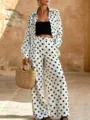 Polka dot casual two-piece set featuring long sleeve shirt and wide leg trousers. - S / Top And Bottom / White