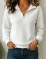 Comfortable casual white waffle knit quarter-zip sweatshirt with long sleeves for women. - S / Tops / White