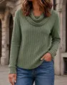 Green ribbed cowl neck long sleeve knit top detailed view for women fall fashion wear - S / Tops / Army Green