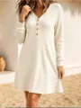 Ribbed knit dress detail, casual long sleeve V-neck design with chic buttons in off white. - S / Dresses / White