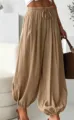 Detail view of casual loose drawstring lantern pants for women, stylish and comfortable fit. - S / Bottoms / Khaki
