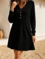 Black long sleeve ribbed knit dress with V-neck and button details for women casual wear. - Black