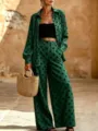 Green polka dot two piece set women long sleeve shirt and wide leg trousers casual outfit. - S / Top And Bottom / Green