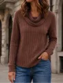 Women solid color cowl neck long sleeve ribbed top casual sweater autumn fashion apparel. - S / Tops / Coffee
