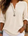 Casual waffle knit long sleeve top for women featuring a stylish button v-neckline and relaxed fit. - S / Tops / Apricot
