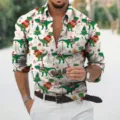 Men's Christmas dinosaur print long sleeve casual button down shirt for holiday parties. - S / Top (82812)