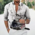 Camisa casual de manga larga para hombre con elegante estampado 3D de paisaje en tinta china. - S / Tops / Estampado de Tinta de Paisaje y Pez Dorado (82819)