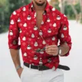 Men's red long sleeve button-up shirt featuring a festive Christmas snowman and snowflake print pattern. - S / Top (82813)