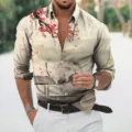 Camisa de moda casual de manga larga para hombre con estampado de paisaje chino 3D. - S / Tops / Tinta de Paisaje y Ciruelo Rojo Cayendo (82821)