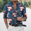 Men's Christmas long sleeve casual shirt featuring festive snowman and reindeer 3D prints for holiday. - Top (82801)