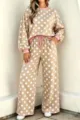Beige polka dot loungewear set with pink trim, long sleeve top and cozy drawstring pants. - S / Top And Bottom / Khaki
