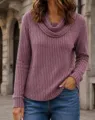 Close-up detail of women casual ribbed cowl neck long sleeve top in stylish solid color. - S / Tops / Light Purple