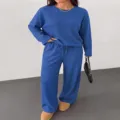 Detail view of women casual long sleeve crewneck top and wide leg pants loungewear set. - S / Top And Bottom / Blue