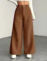 Women corduroy high waist wide leg pants casual solid color loose trousers style - S / Bottoms / Camel