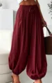 Vue de détail de pantalon lanterne ample décontracté bordeaux pour femme avec cordon. - Bordeaux