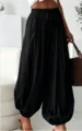 Casual loose black drawstring harem pants for women, comfortable daily wear detail view. - S / Bottoms / Black