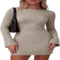 Women long sleeve ribbed knit bodycon mini dress autumn casual slim fit fashion apparel - S / Dresses / Khaki