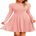 Ribbed knit long sleeve dress detail showcasing soft fabric texture, crew neck and flare skirt. - Pink