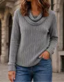 Grey cowl neck long sleeve knitted top, casual women's fashion wear for autumn. - S / Tops / Gray