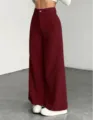 Corduroy casual women high waist loose solid color wide leg long pants detail view - S / Bottoms / Burgundy