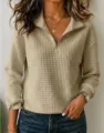 Khaki waffle knit quarter-zip long sleeve sweatshirt for women casual wear detail - Khaki