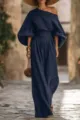 Elegant dark blue off-shoulder top and wide-leg pants set, chic resort style fashion wear. - S / Top And Bottom / Navy Blue