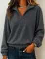 Charcoal fleece half-zip pullover sweatshirt, comfortable long sleeve casual top detail. - S / Tops / Gray