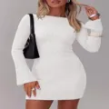 Close-up view of white ribbed knit bodycon dress long sleeves elegant autumn outfit - S / Dresses / White