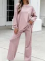 Striped knit pajama set with long sleeve top and wide leg pants for cozy casual home wear. - S / Top And Bottom / Peach